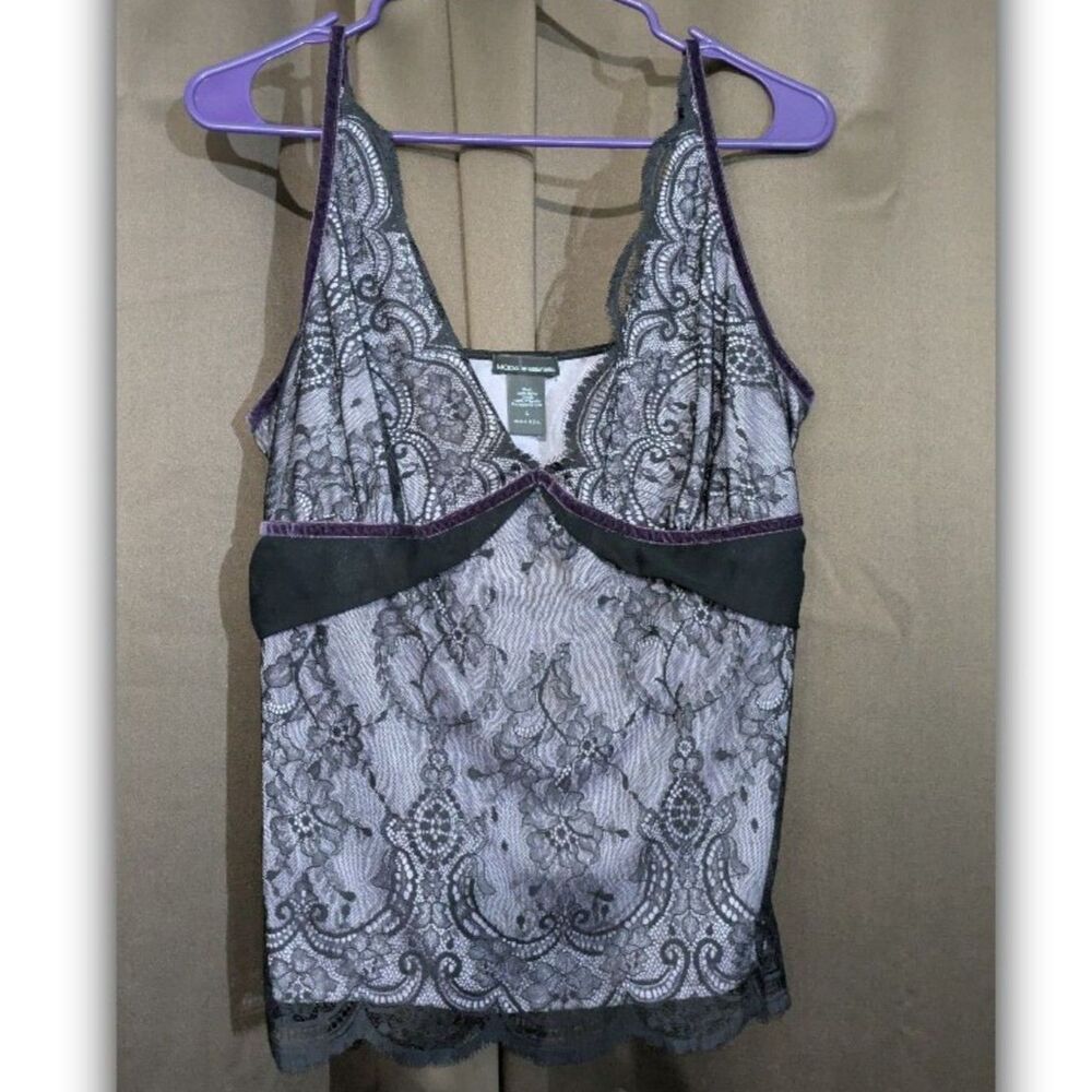 MODA International L Black and Purple Lace Mesh Top Y2K Babydoll Whimsygoth